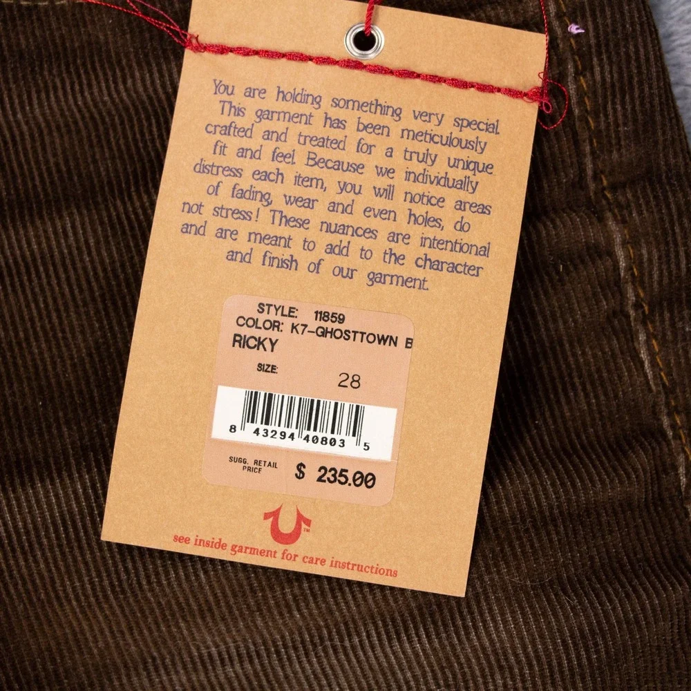 NWT‎ True Religion Ricky Straight Mens 28x34 Brown Corduroy Pants Flap Pockets